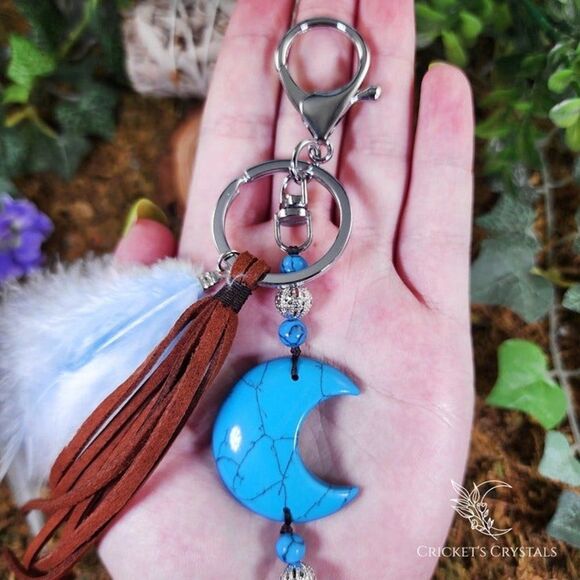 Handmade Turquoise Howlite Moon Keychain #11 - Picture 2 of 2